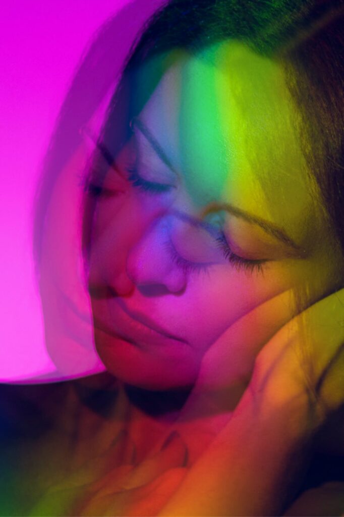 I am snow angel headshot with staggered image and kaleidoscope colors