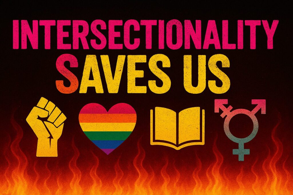 Image of flames with a caption that read Intectionality saves us