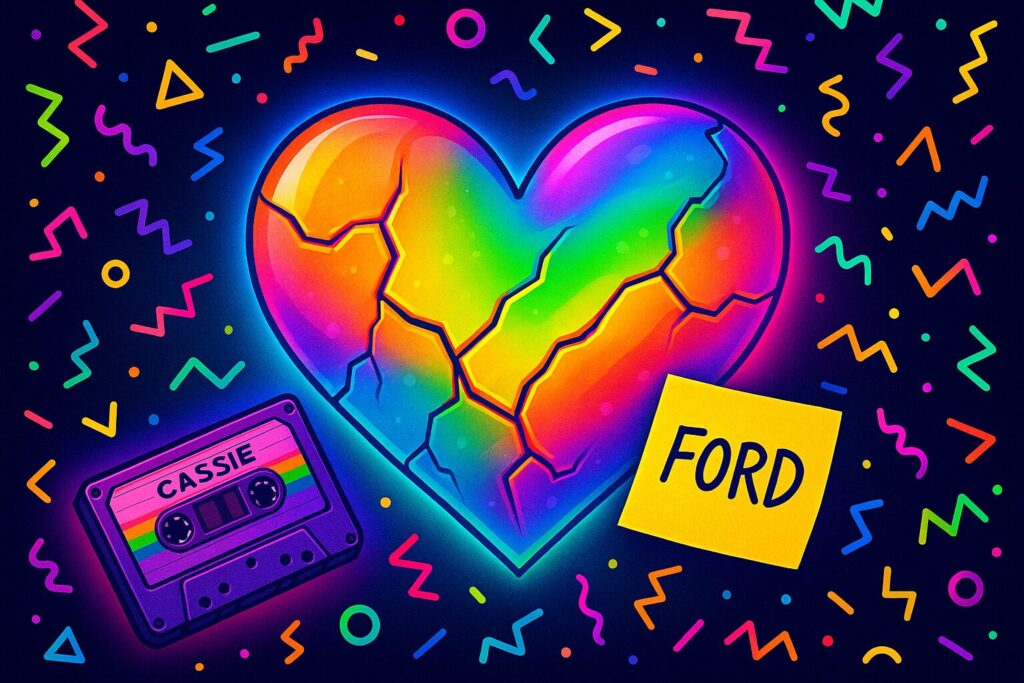 a broken colorful heart with a cassette tape that says cassie and a sticky note that says ford.