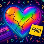 a broken colorful heart with a cassette tape that says cassie and a sticky note that says ford.